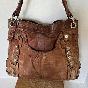 B. Makowsky Brown Leather Boho Bag With Leopard Print Lining